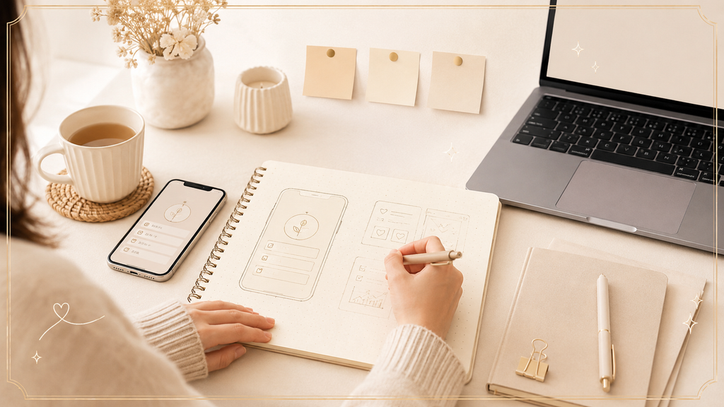 iPhoneアプリのアイデアをノートに描きながら設計しているイメージ
