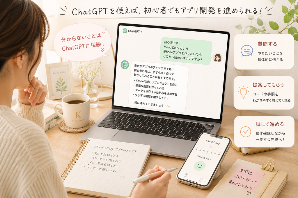 ChatGPTでiPhoneアプリを作る方法を相談しているイメージ