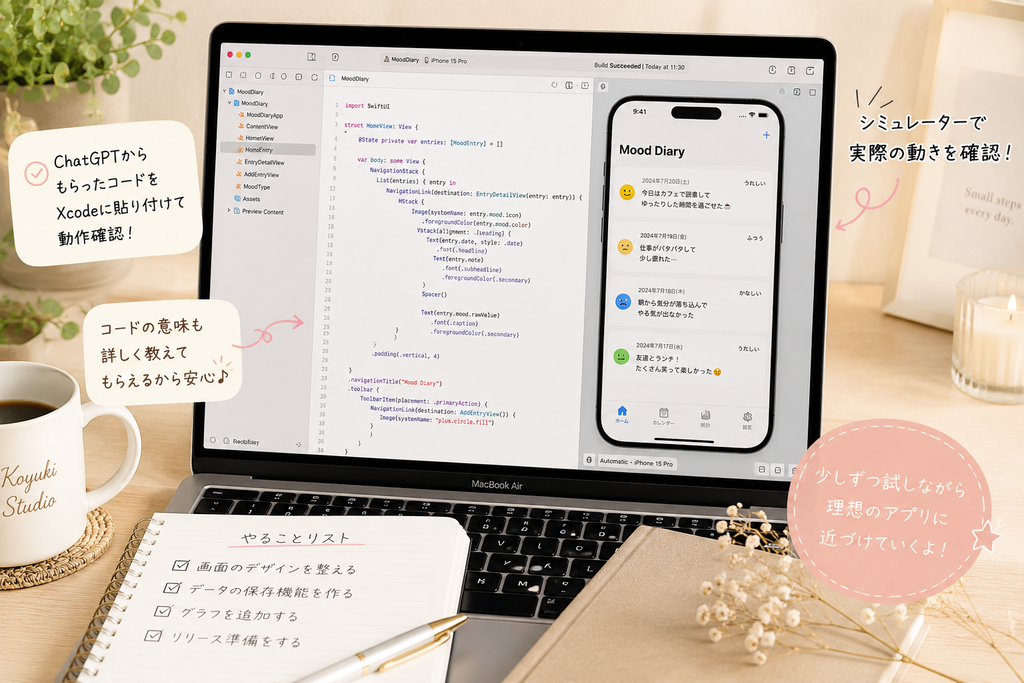 ChatGPTでもらったコードをXcodeに反映してiPhoneアプリを確認しているイメージ