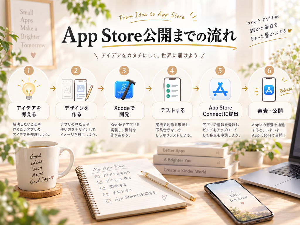 アプリアイデアからApp Store公開までの流れをイメージしたデスク風景