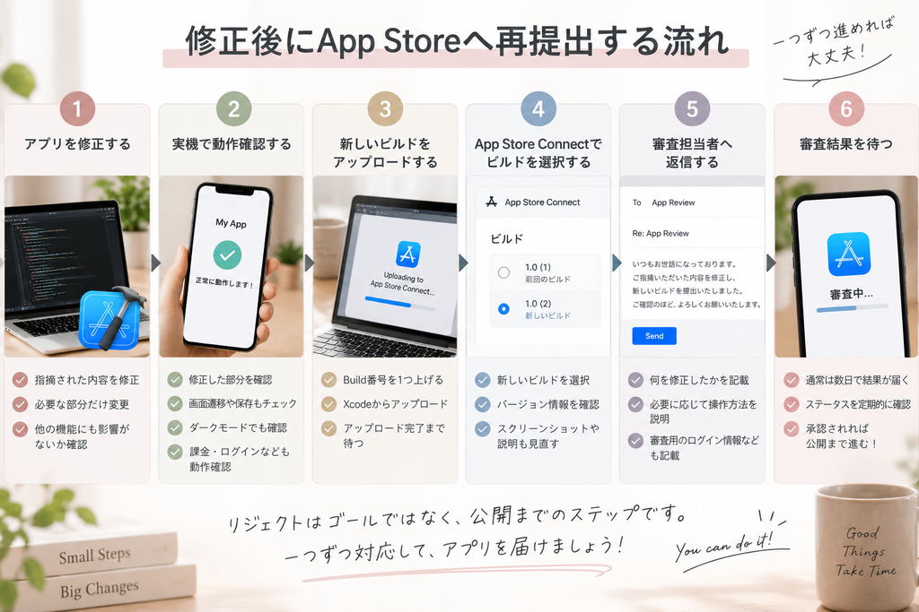 App Store審査でリジェクトされたアプリを修正して再提出する流れ