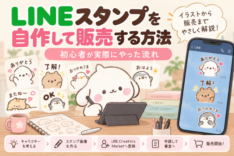 LINEスタンプを自作して販売する方法と申請から販売までの流れを紹介するイメージ